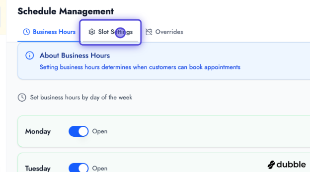 Open slot settings